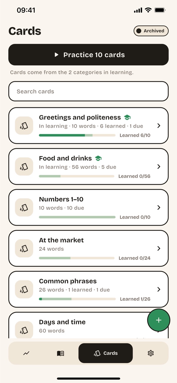 Flashcard categories